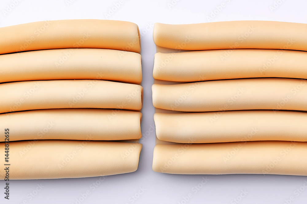 Aufkleber minimalist photo of rectangular puff pastry stacked neatly in horizontal rows. clean white backgroun