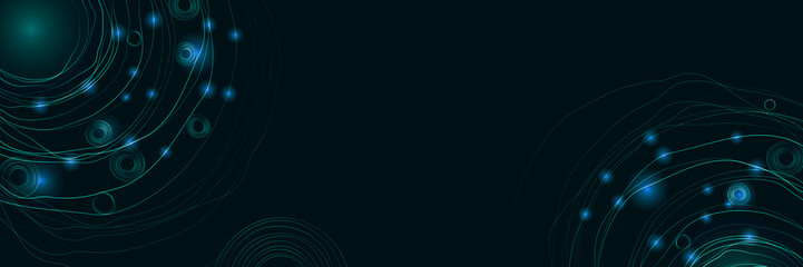 Abstract background with circular lines. Circular Light Waves. Glowing teal rings and flowing lines on dark backdrop, for high-tech or science-themed visuals. © LariBat
