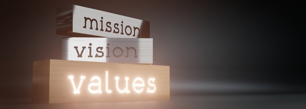 Mission, vision, values - block shapes and glow effect - 3D illustration