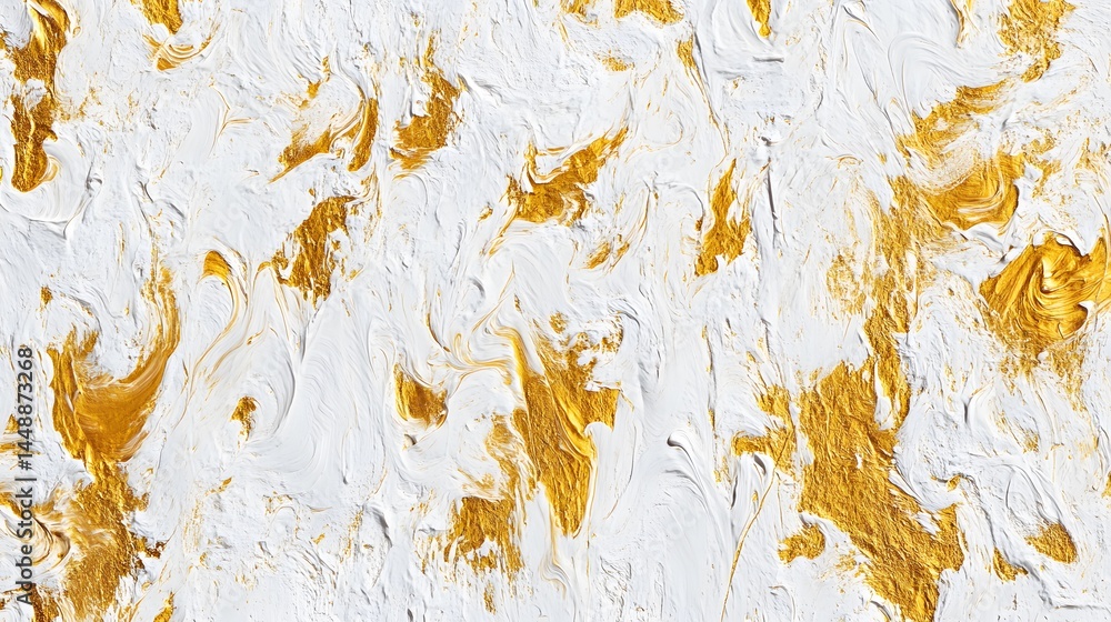 Poster abstract painting with thick strokes of white and gold paint creating a textured and dynamic composi