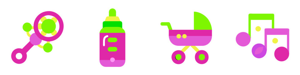 Fototapeta premium Colorful stroller, baby bottle, rattle and music note icon set on minimalistic white background for nursery decor, baby products and childcare design