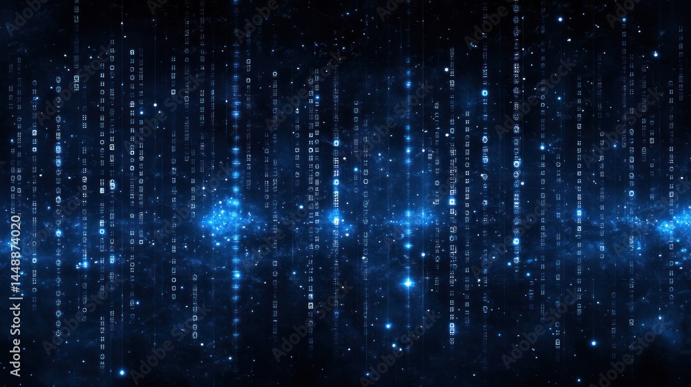 Poster digital rain: abstract matrix-inspired data stream in deep blue