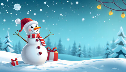 Fototapeta premium 3d snowman, Christmas banner, winter background, comic art. with white shades