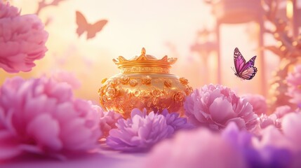 Golden ornate urn surrounded by delicate pink flowers.