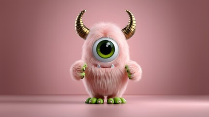 Fototapeta premium Cute pink fluffy monster with one big eye and horns on pink background