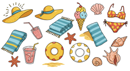 Hand-drawn summer holiday doodle set with beach hat, drink, towel, ice cream, and flip-flops isolated on white background, perfect for vacation-themed designs and seasonal illustrations