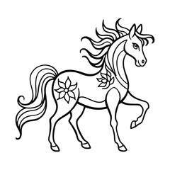 Elegant Unicorn Line Art – Black & White Floral Fantasy Creature Illustration