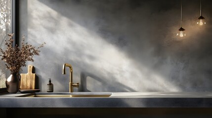 Minimalist kitchen interior featuring a golden faucet, concrete countertop, and soft natural light creating a serene and modern ambiance.