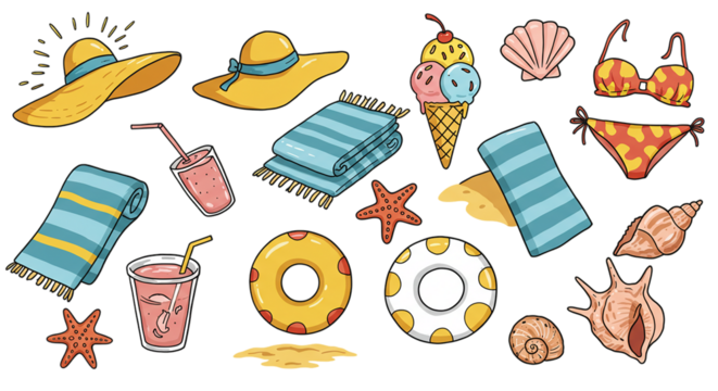 Hand-drawn summer holiday doodle set with beach hat, drink, towel, ice cream, and flip-flops isolated on white background, perfect for vacation-themed designs and seasonal illustrations