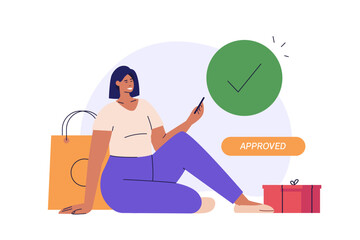 Payment Successful. Beautiful woman paying successfully and safely. Online mobile payment and banking service. Concept of payment approved, payment done. Vector illustration for web banner mobile app