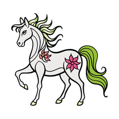 Whimsical Unicorn Illustration – Pink Lotus & Green Tail Fantasy Art