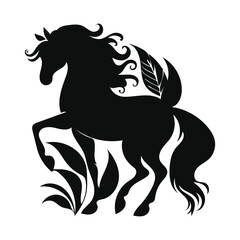 Art Nouveau Stylized Horse Silhouette – Black & White Floral Design