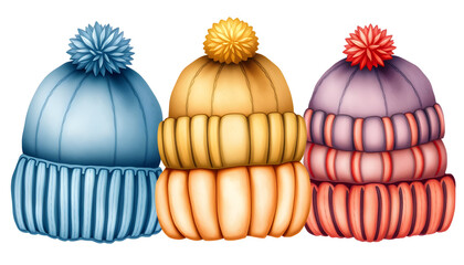 winter knitted hats. watercolor hand painted illustration. isolated elements, realistic. with white shades