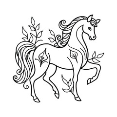 Elegant Unicorn Line Art – Black & White Floral Fantasy Illustration
