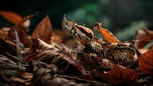 Eyelash Viper snake with scales slithering on brown leaves, ready to strike in the wild rainforest environment.