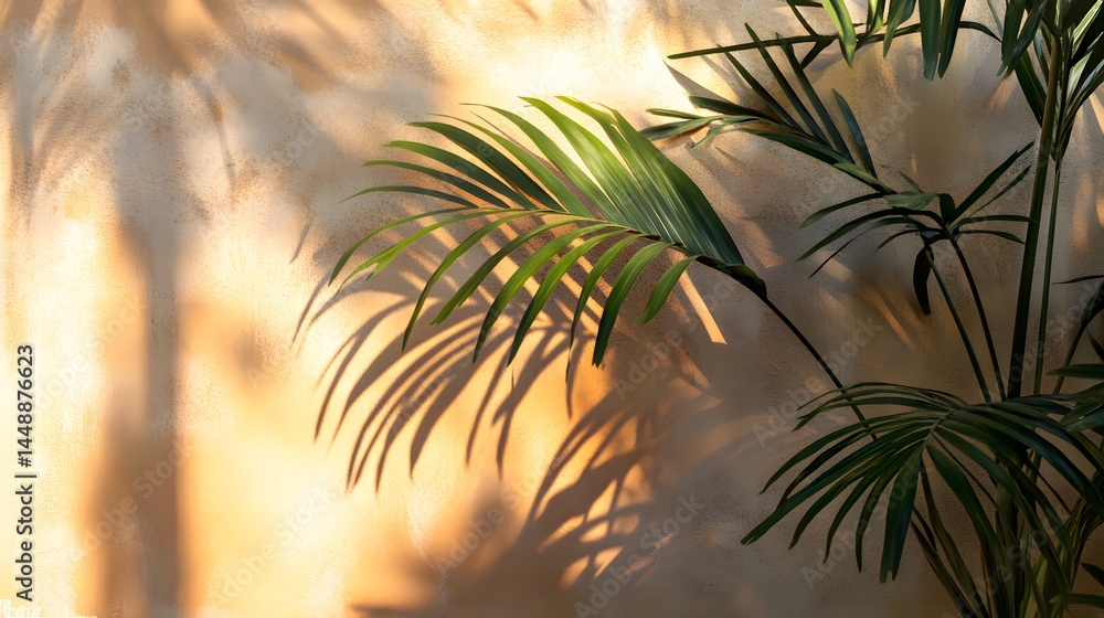 Poster sunlit palm leaves cast shadows on a textured wall, creating a calming and tropical atmosphere with 