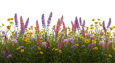 A vibrant display of wildflowers featuring lupines and sunflowers against a black background edge effect