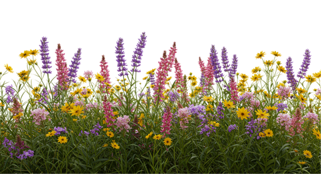 A vibrant display of wildflowers featuring lupines and sunflowers against a black background edge effect - Powered by Adobe