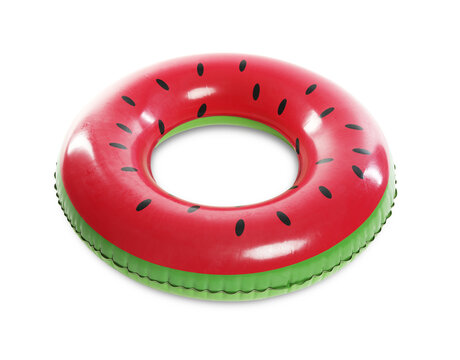 Bright inflatable ring with watermelon pattern on white background