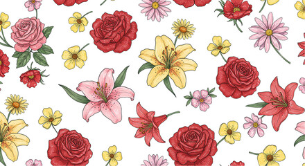 Hand-drawn red roses and lilies pattern on white background, ideal for romantic wrapping paper, flower-themed textile prints, wedding decor, and seamless floral design templates