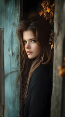 Fototapeta premium Mysterious Girl Hiding Behind Rustic Wooden Door Autumn Leaves