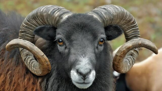 Close-up portrait of a Mouflon sheep with majestic curved horns, soft fur and piercing eyes. The animal has a dark face with brown fur on the sides.