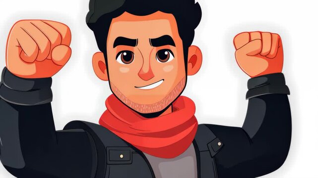 A spirited Arab activist with a raised fist, embodying determination and strength amidst revolution, in vibrant D cartoon style.