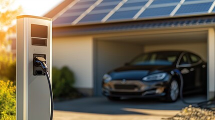 Close-up of matte gray pedestal charger powering electric car near garage with rooftop solar panels in background, Germany