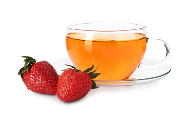 Aromatic fruit tea in glass cup and strawberries isolated on white