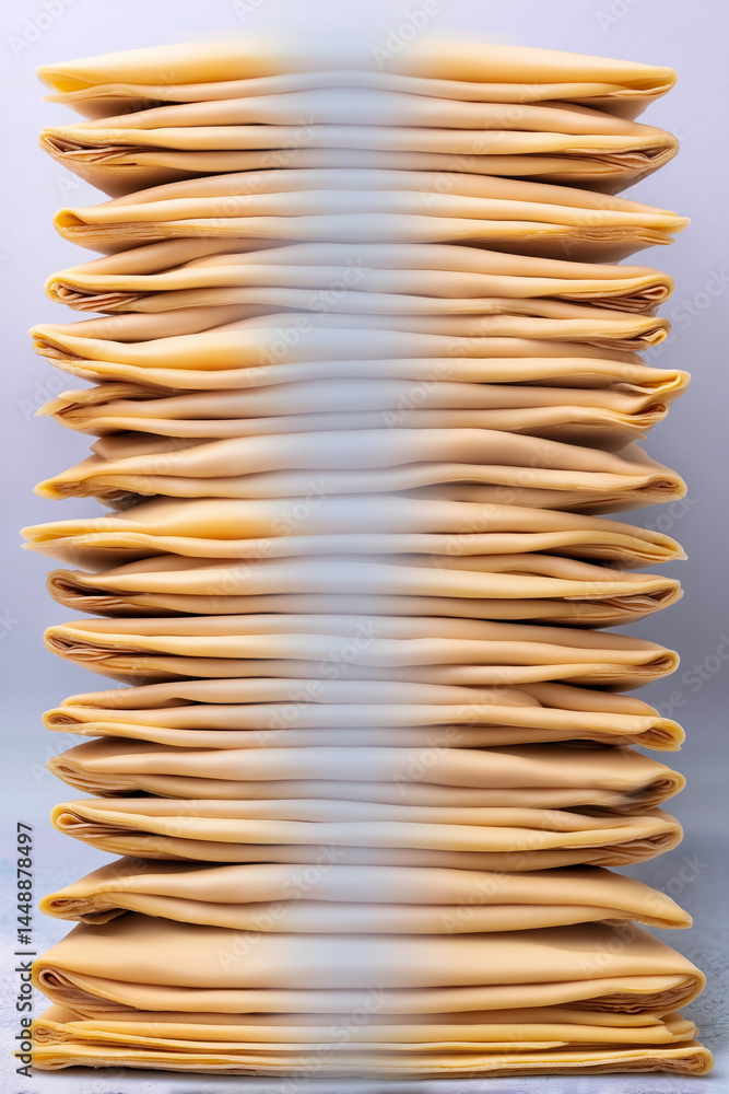 Poster minimalist composition of stacked rectangular puff pastry sheets creating an organized display. clea