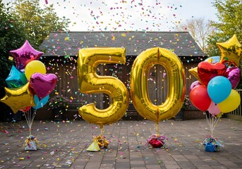 Festive 50th Birthday Celebration Gold Balloons, Confetti, Hearts, Stars, Party, Outdoors