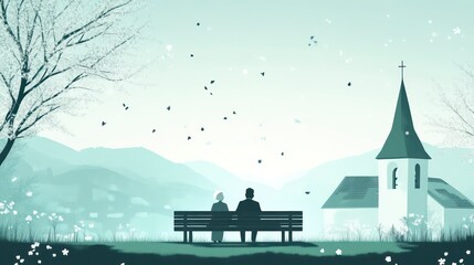Fototapeta premium Serene Couple Enjoying a Peaceful Moment on a Bench in a Scenic Landscape with Church and Mount