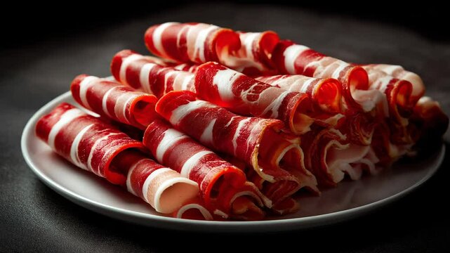 Stacks of rolled sliced meat with white stripes served on a white plate, presented on a dark background for gourmet food concepts.