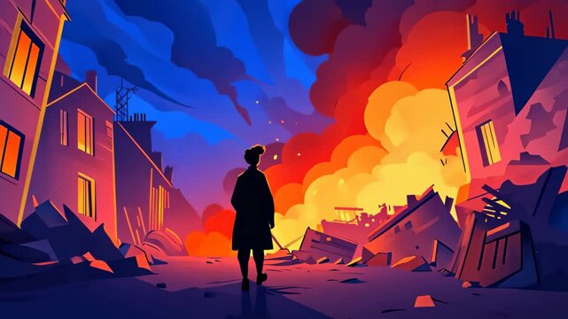 A serene silhouette of a man strides through a street marked by ruins, enveloped in atmospheric blue skies.