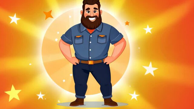Cheerful cartoon man with a beard stands confidently, showcasing a summer outfit in a vibrant, flat vector style.