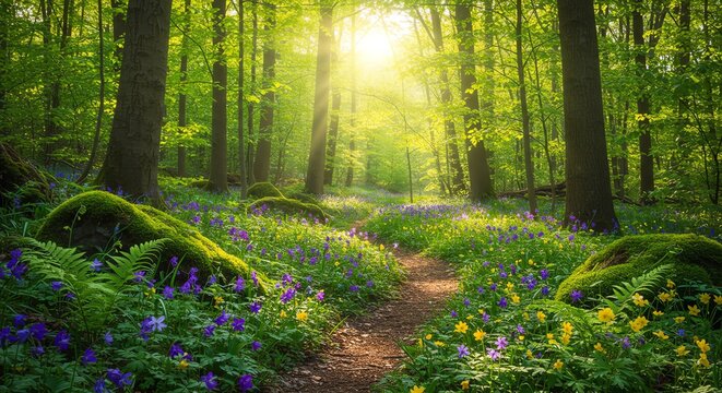 Sunlit Forest Path: Vibrant Spring Blooms and Serene Sunlight - Powered by Adobe