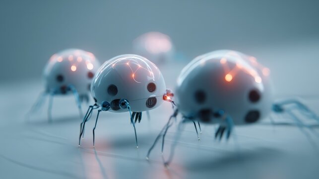 Futuristic robot insects in motion.  Autonomous, interconnected, robotic swarm