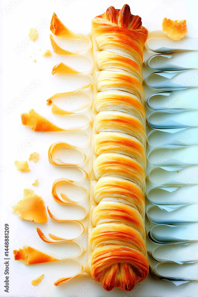 Poster ai minimalist rendering of flaky pastry roll highlighting intricate layers and textures. clean white
