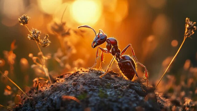 Cinematic shot of an ant with a sun in background