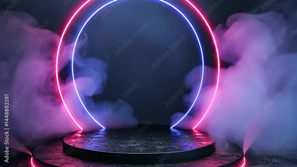 Poster neon circle with smoke: a mesmerizing neon circle against a backdrop of dense smoke, creating a capt