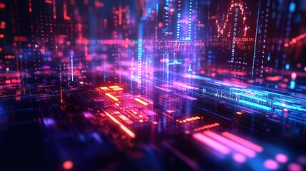 Obraz premium Abstract digital cityscape, glowing neon lines, data streams, futuristic urban scene