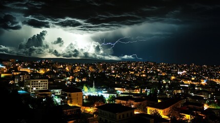 Fototapeta premium City Lights Under Dramatic Storm Clouds and Lightning Strike at Night