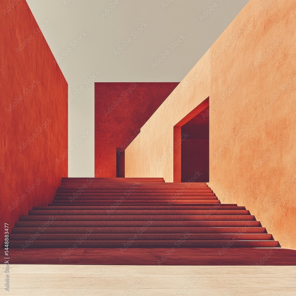 Poster abstract architecture with terracotta walls and staircase featuring clean lines and minimalist desig