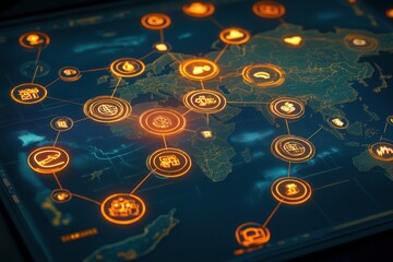 Fototapeta premium Global network map with interconnected icons, highlighting international trade or supply chain. Detailed global map,