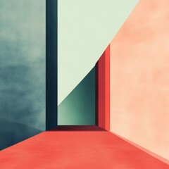 Abstract Geometric Interior with Teal White Peach and Red Colors Minimalist Design Featuring Clean Lines and Modern Architecture for Creative Decorative Backdrop