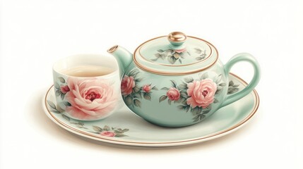 Fototapeta premium Elegant Floral Teapot and Cup Set with Delicate Roses for Tea Time Moments