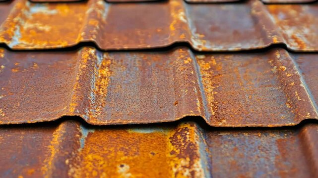 Weathered Roof Tiles: A close-up shot of weathered metal roof tiles, showcasing a pattern of rust and texture, a testament to time and exposure.