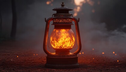 A glowing lantern with flames inside, surrounded by smoke