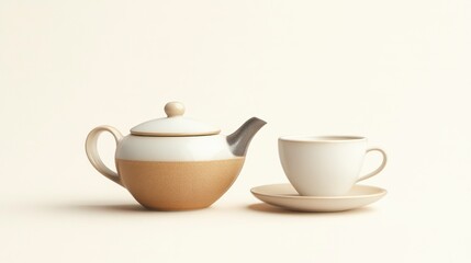 Elegant Ceramic Teapot and Cup Set on a Neutral Background for Minimalist Design