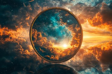 Surreal cosmic portal in dramatic sky with vivid clouds and stars